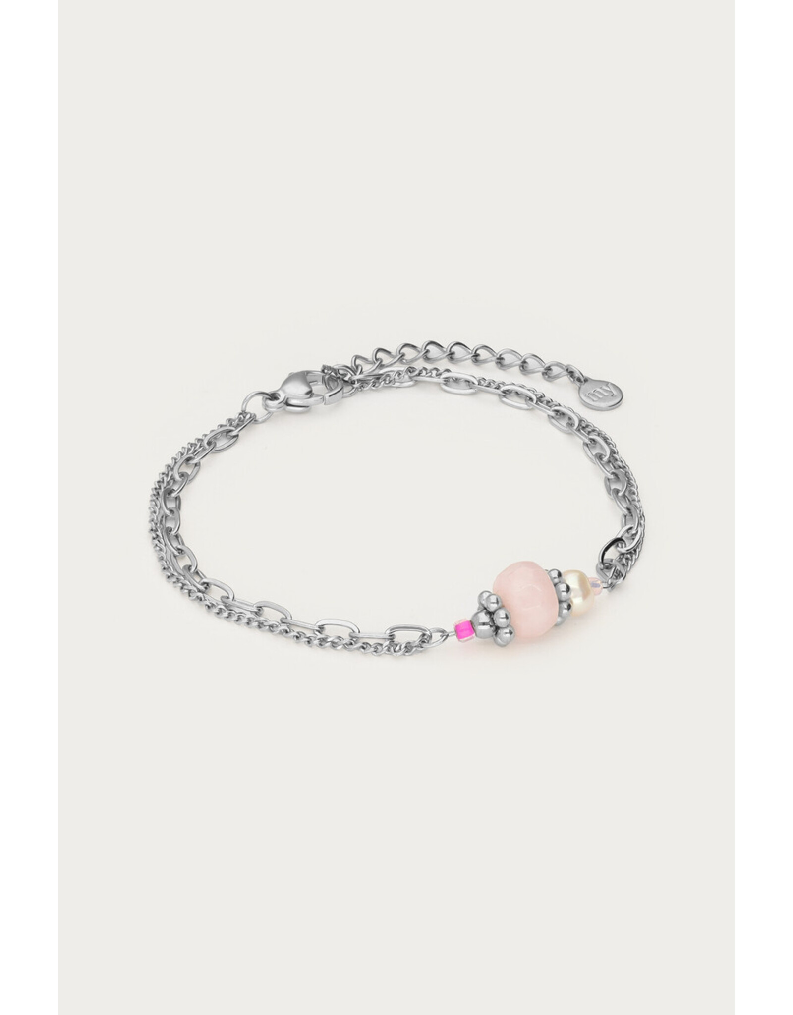Dubbele armband roze kraal zilver