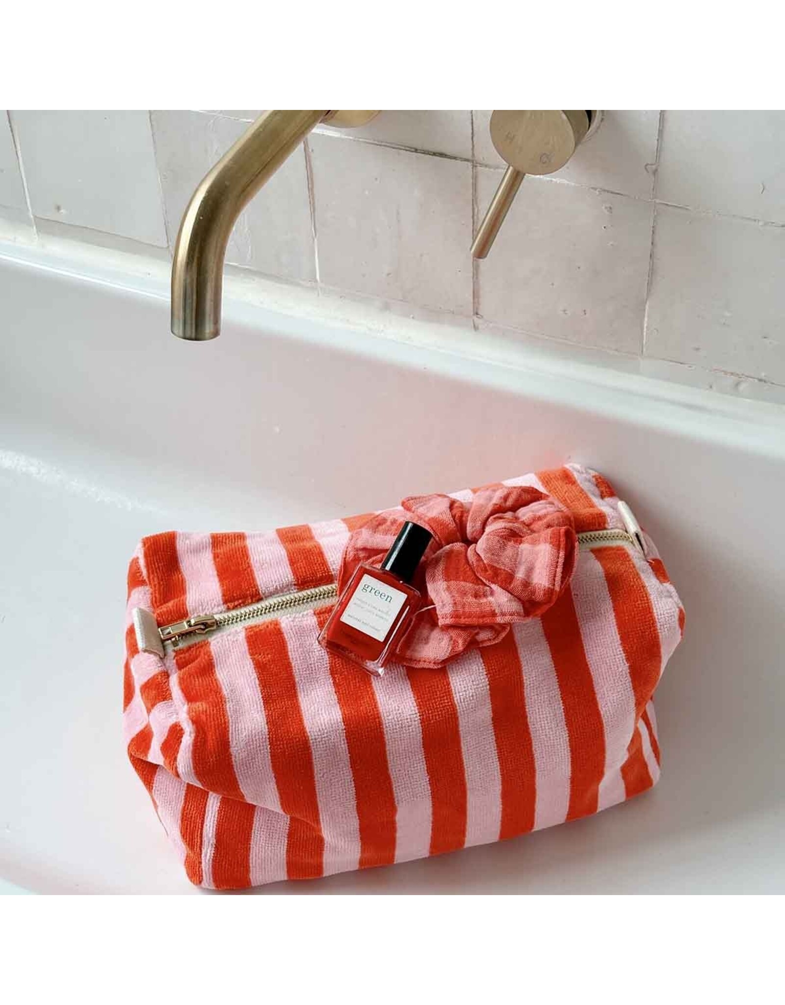 Toilettas badstof strepen rood/roze