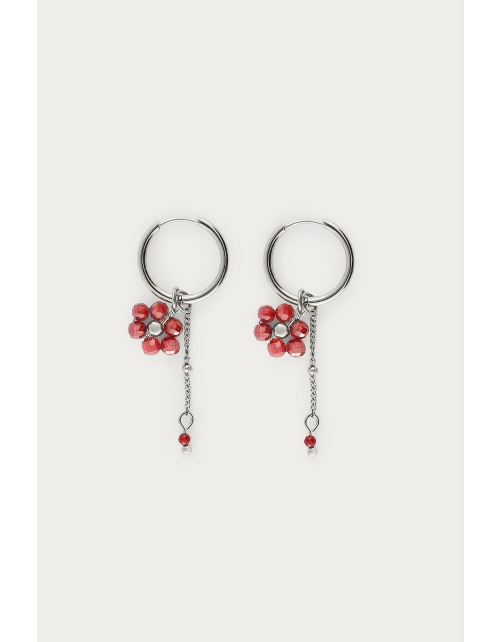 Oorringen bloem burgundy zilver