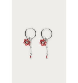 Oorringen bloem burgundy zilver