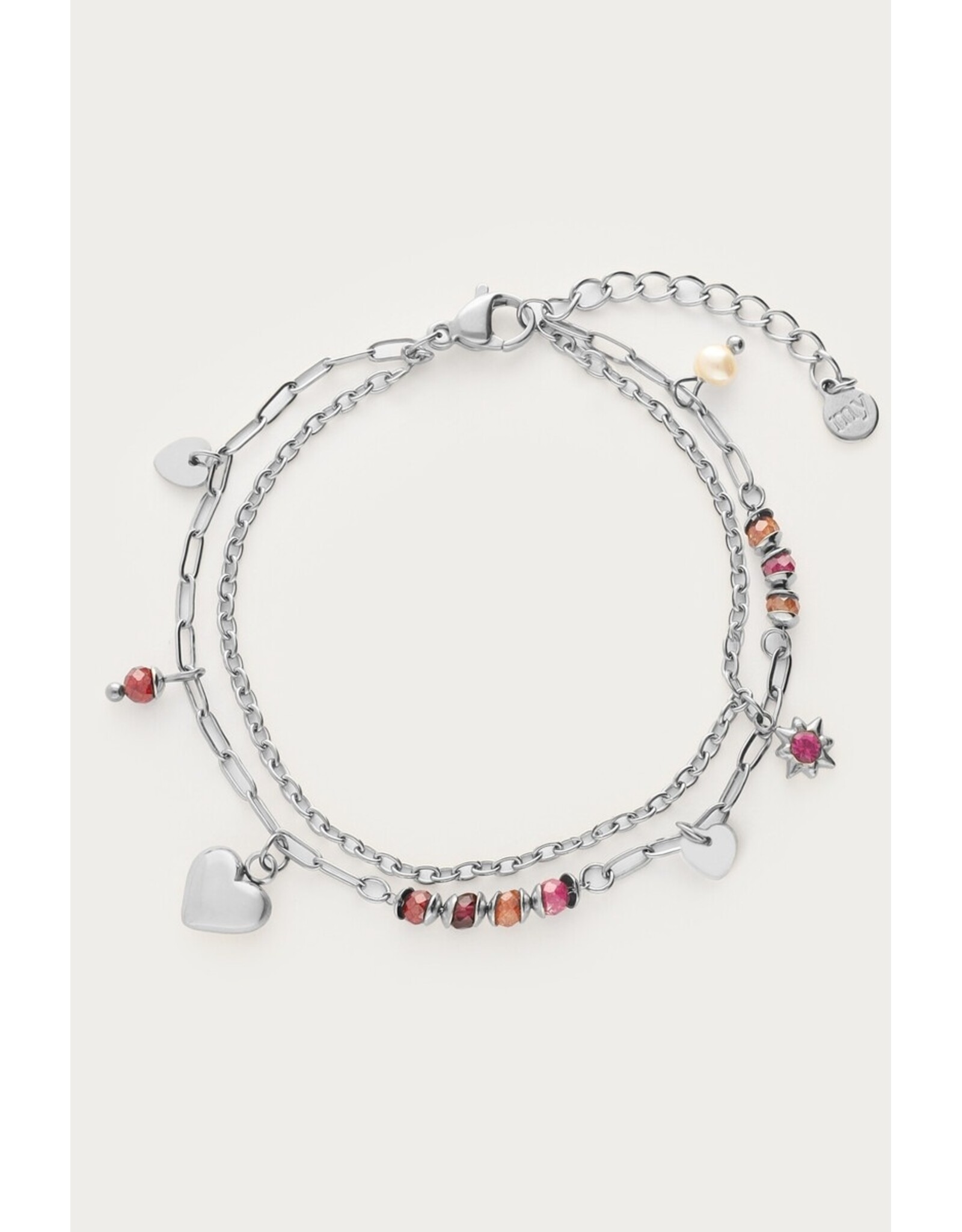 Armband dubbel hart kralen zilver