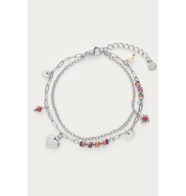 Armband dubbel hart kralen zilver