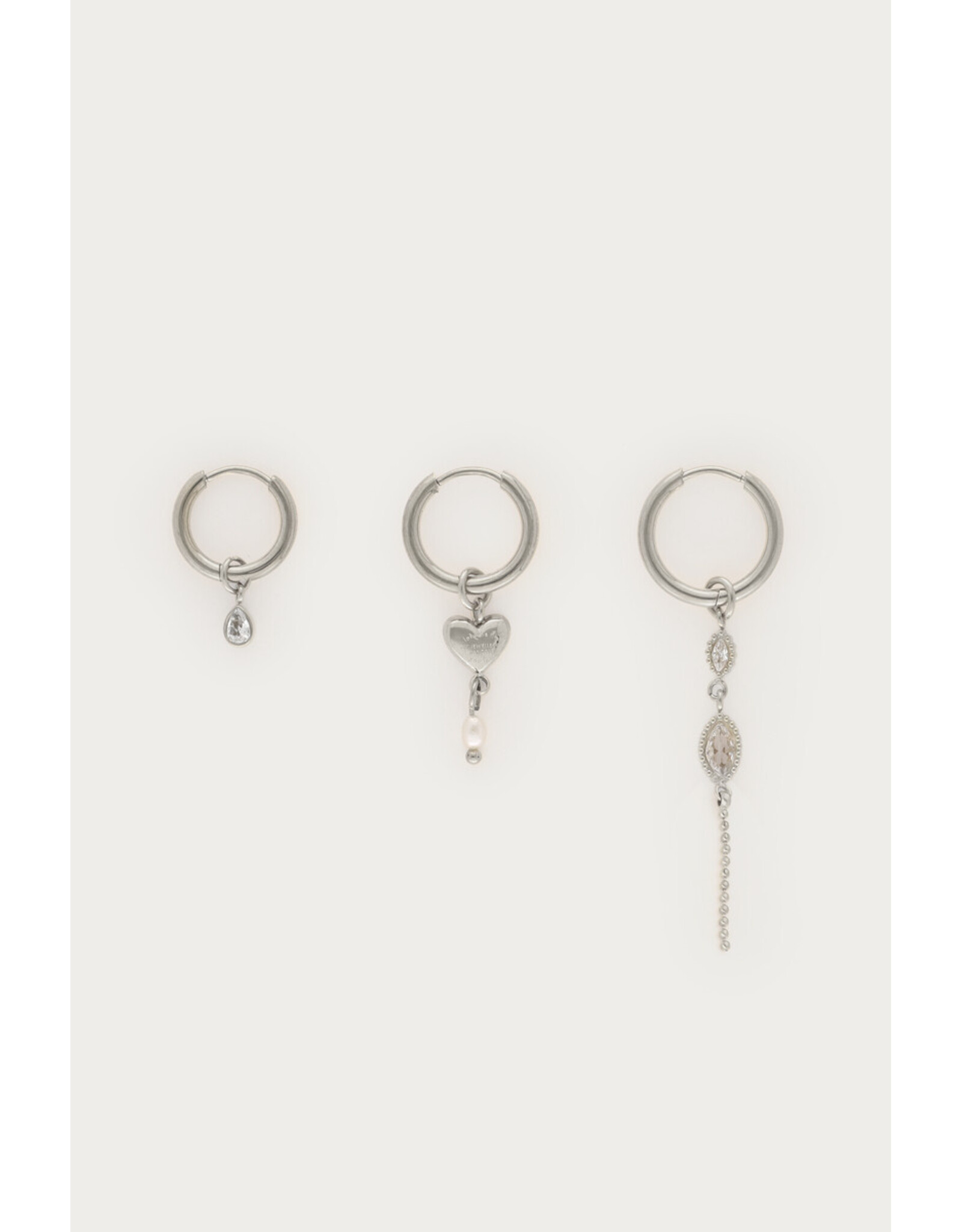 Set 3 oorringen strass parel zilver