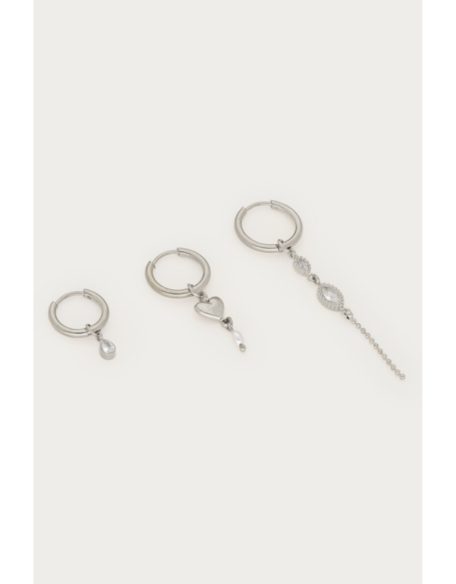 Set 3 oorringen strass parel zilver