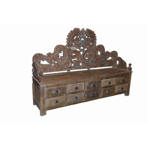 India - Old Furniture Elaborate Carved Storage Bench