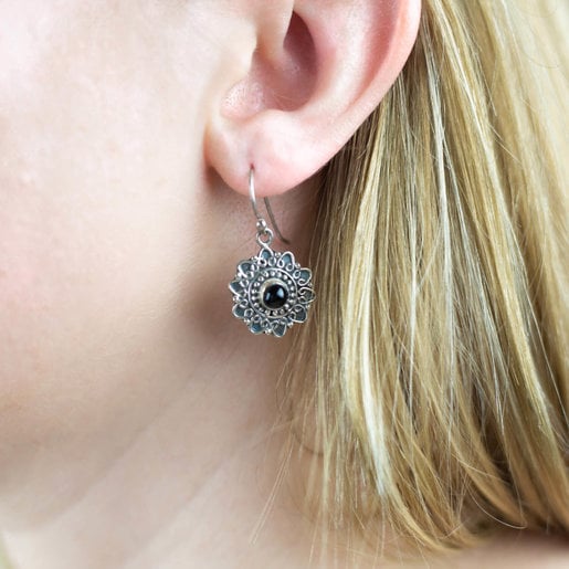 India - Jewellery & Gifts Silver Flower and Onyx Earrings