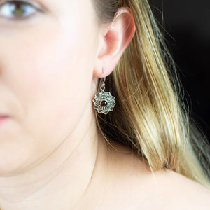 Silver Flower and Onyx Earrings