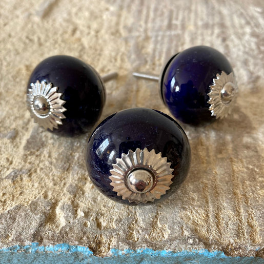 India - Handicrafts Dark Blue & Silver Round Ceramic Knob