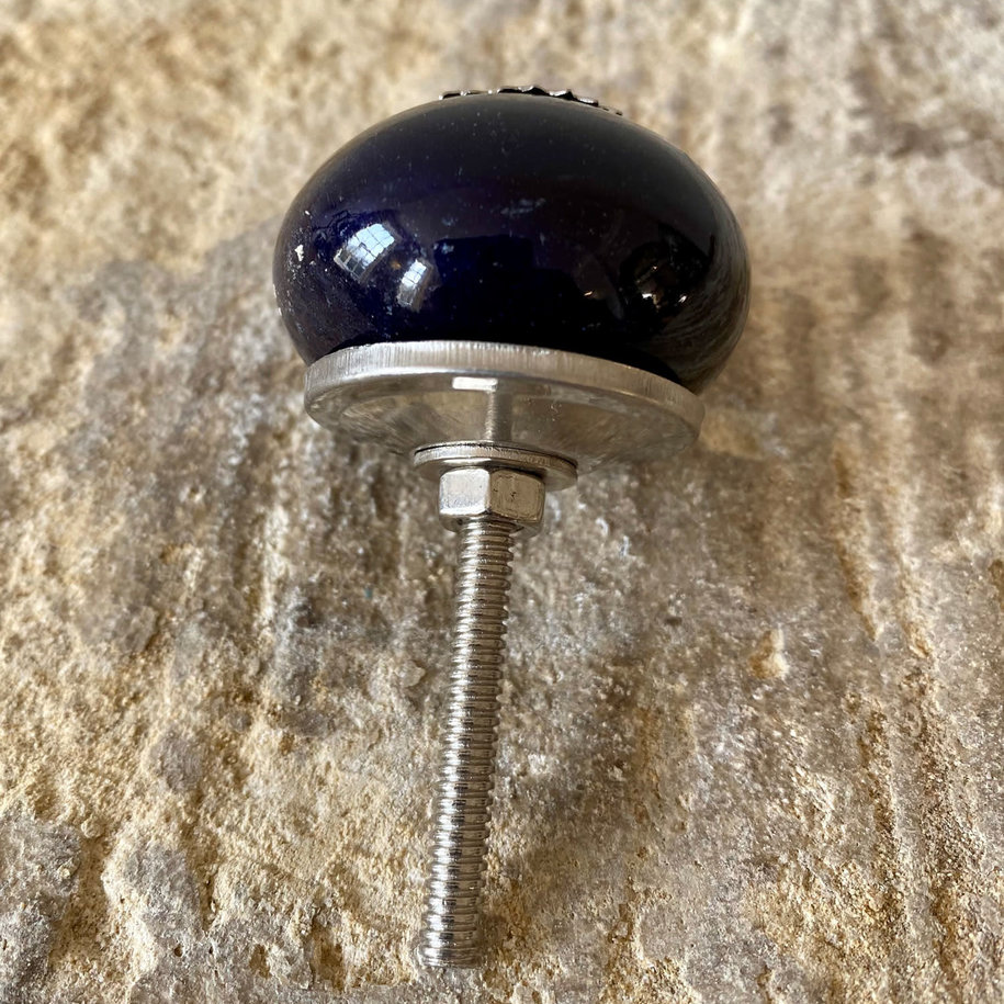 Dark Blue & Silver Round Ceramic Knob