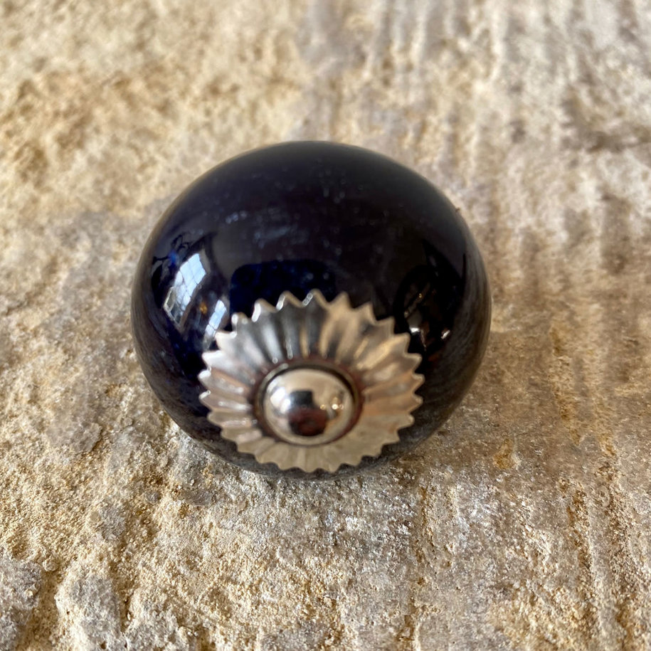 Dark Blue & Silver Round Ceramic Knob