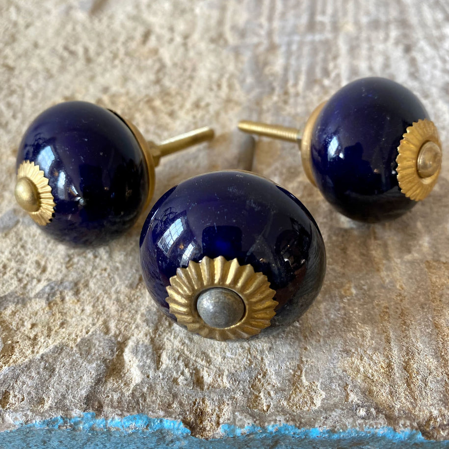 Dark Blue & Brass Round Ceramic Knob