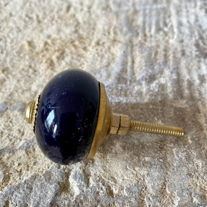 Dark Blue & Brass Round Ceramic Knob