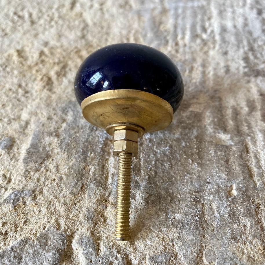 Dark Blue & Brass Round Ceramic Knob