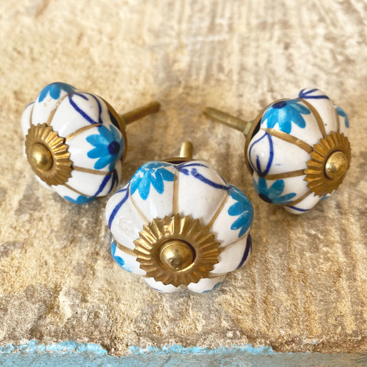 India - Handicrafts Blue & Gold Flower Ceramic Knob