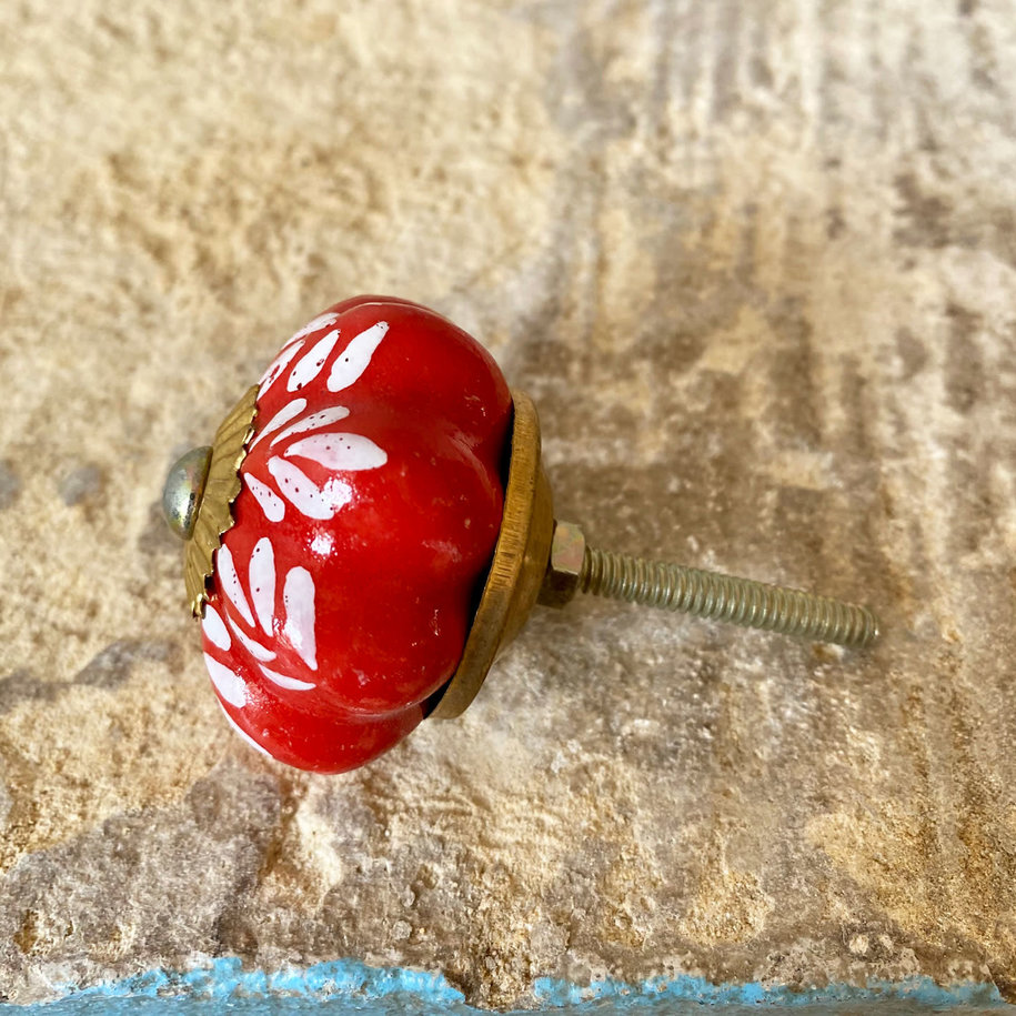 Burnt Red with White Petals Ceramic Knob