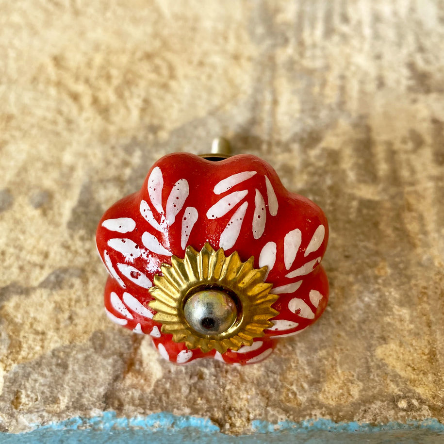 Burnt Red with White Petals Ceramic Knob