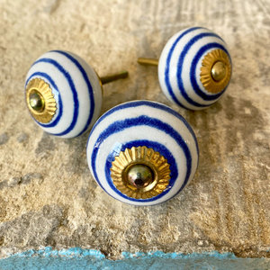 Blue Line & White Round Ceramic Knob