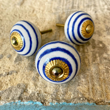 India - Handicrafts Blue Line & White Round Ceramic Knob