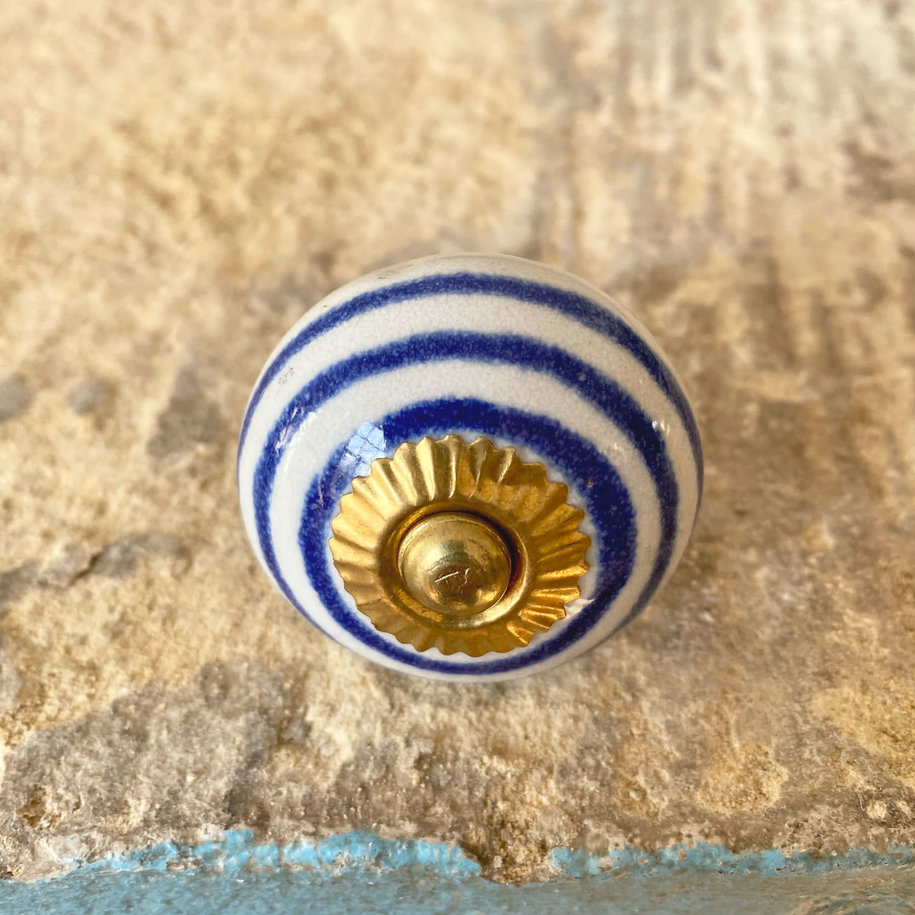 Blue Line & White Round Ceramic Knob