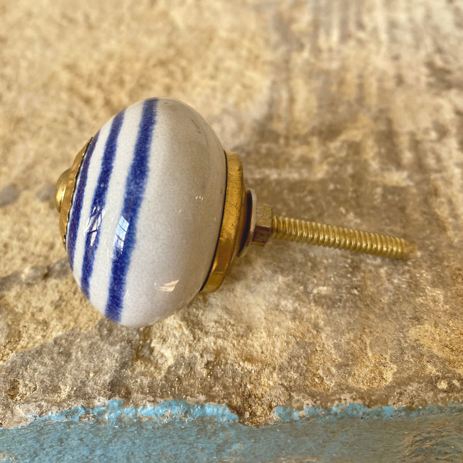 Blue Line & White Round Ceramic Knob
