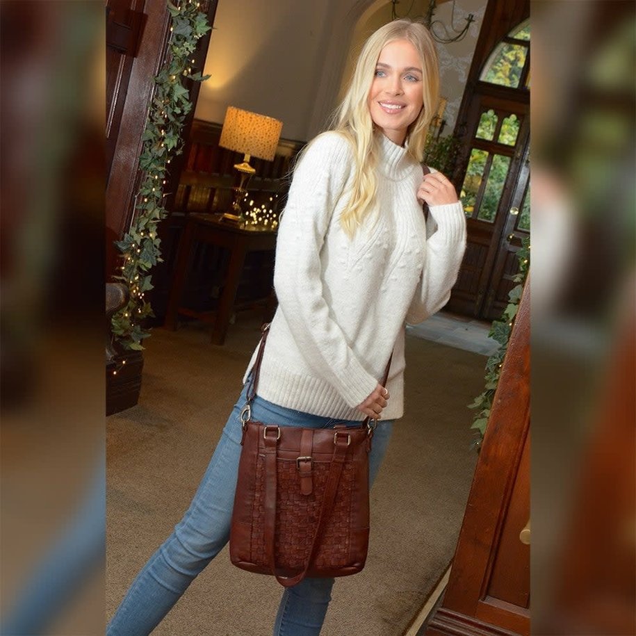 Leather lattice Handbag Taupe  ( L)