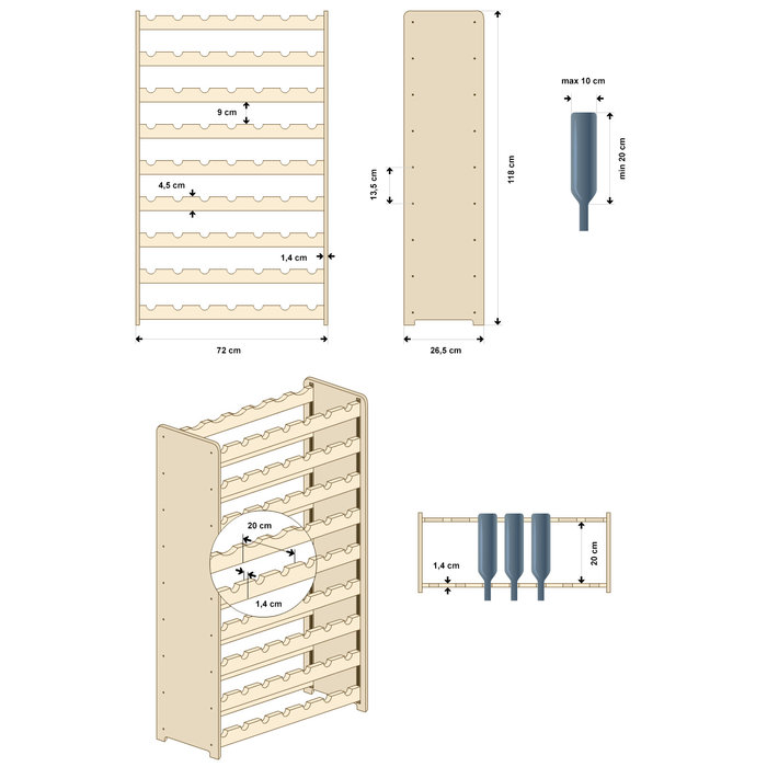 SMH LINE® SMH LINE® Wijnrek - 63 flessen - 118x72x26,5 cm - Wijnrek Hout - Flessenrek