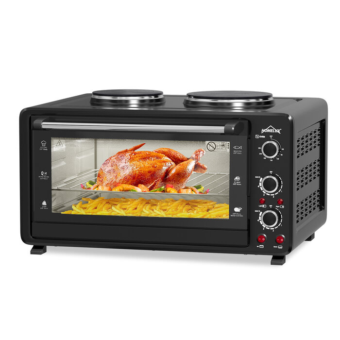 SMH LINE® SMH LINE® Vrijstaande oven met kookplaten - 45L - 1800W - Convectie Mini Oven - Geëmailleerde Holte - Zwart