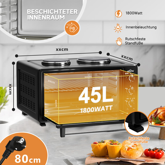SMH LINE® SMH LINE® Vrijstaande oven met kookplaten - 45L - 1800W - Convectie Mini Oven - Geëmailleerde Holte - Zwart