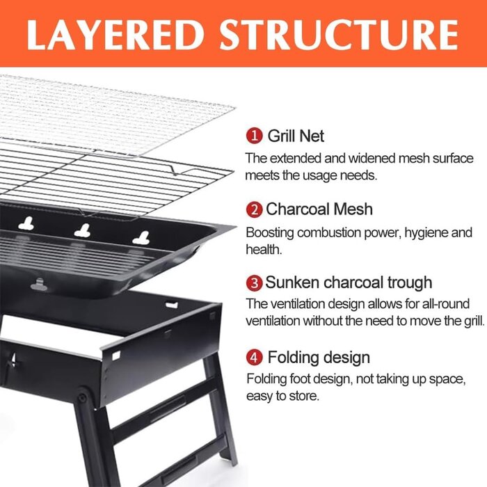 SMH LINE® SMH LINE® Opvouwbaar Houtskoolbarbecue - Draagbaar Barbeque - Camping Grill - 43x29x22 (LxBxH) - Tafelbarbecues