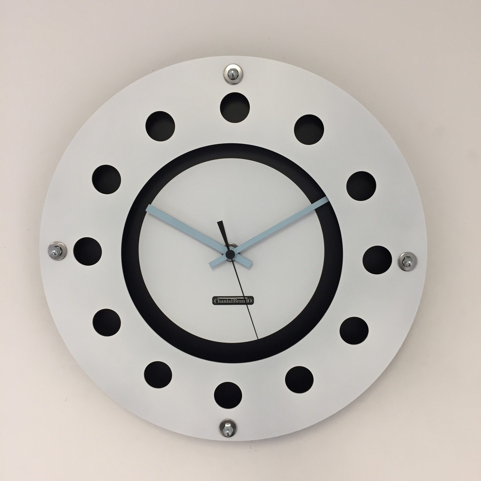 ChantalBrandO Design - Wall clock White Flens Mecanica Entire Black with white small inside Circle Blued Pointer Modern Dutch Design Handmade 40 cm