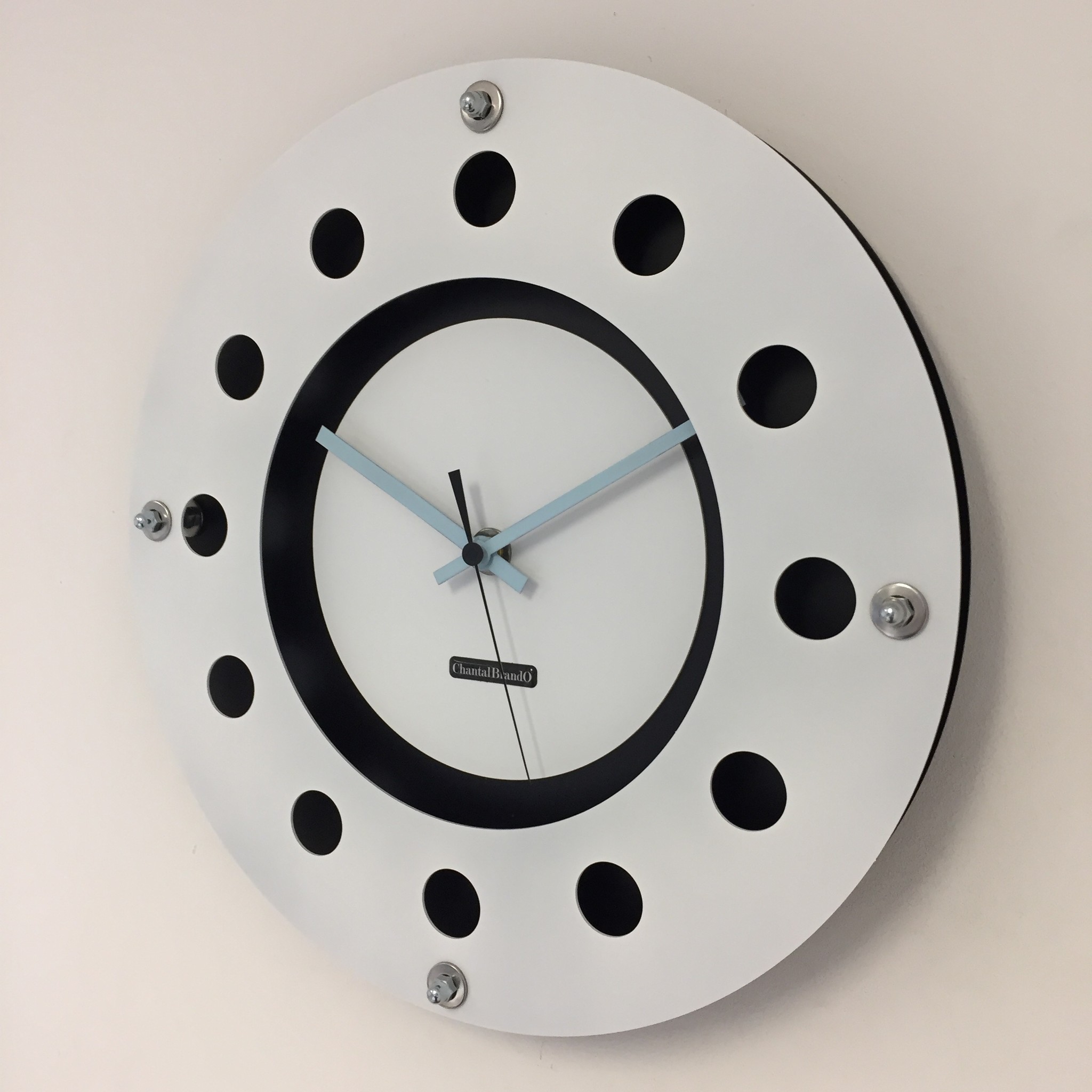 ChantalBrandO Design - Wall clock White Flens Mecanica Entire Black with white small inside Circle Blued Pointer Modern Dutch Design Handmade 40 cm