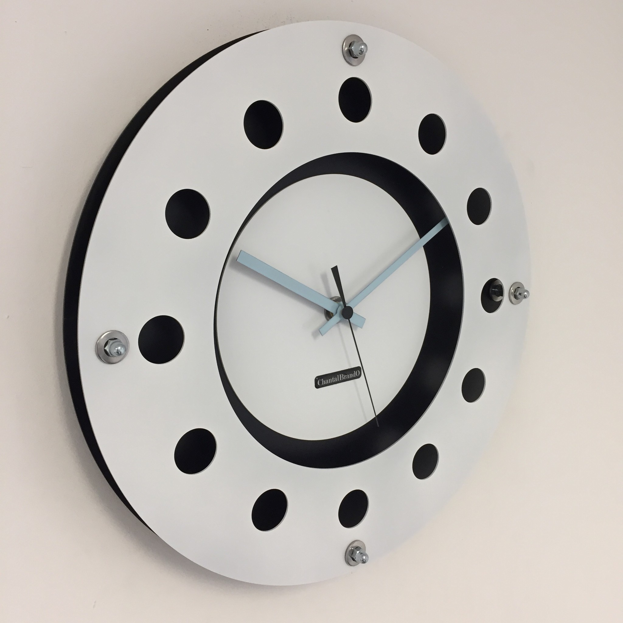 ChantalBrandO Design - Wall clock White Flens Mecanica Entire Black with white small inside Circle Blued Pointer Modern Dutch Design Handmade 40 cm