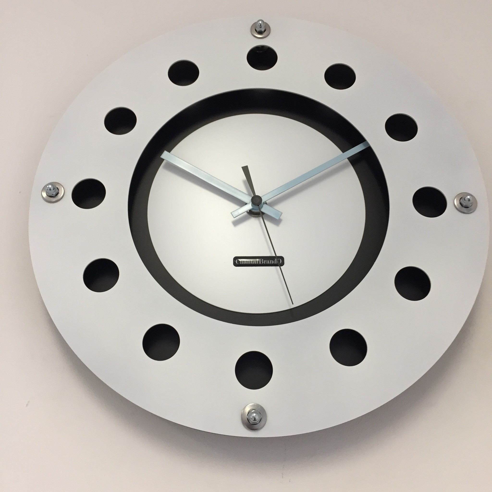 ChantalBrandO Design - Wall clock White Flens Mecanica Entire Black with white small inside Circle Blued Pointer Modern Dutch Design Handmade 40 cm