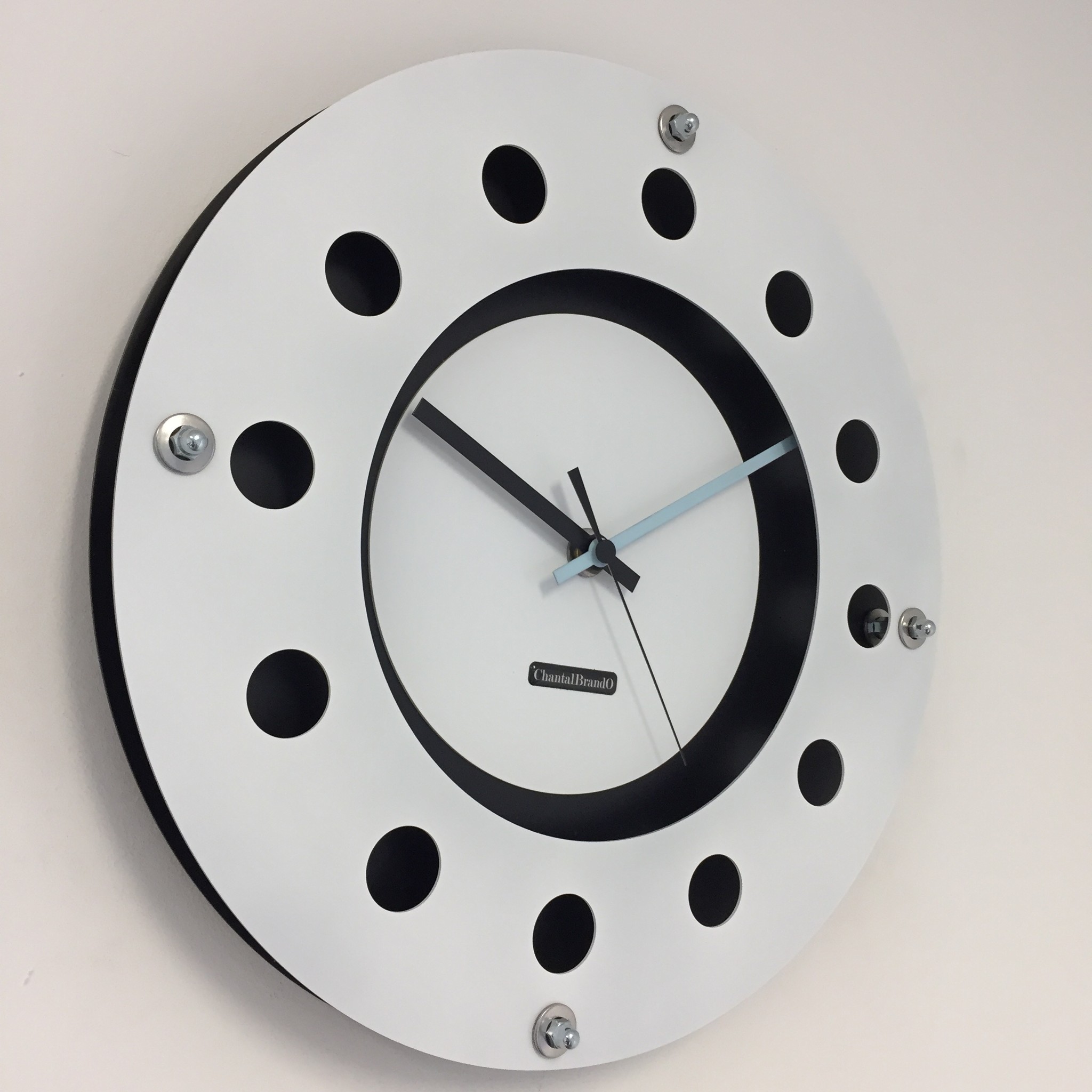 ChantalBrandO Design - Wall clock White Flens Mecanica Full Black With White Small Inside Circle Blue -Black Pointer Modern Dutch Design Handmade 40 Cm