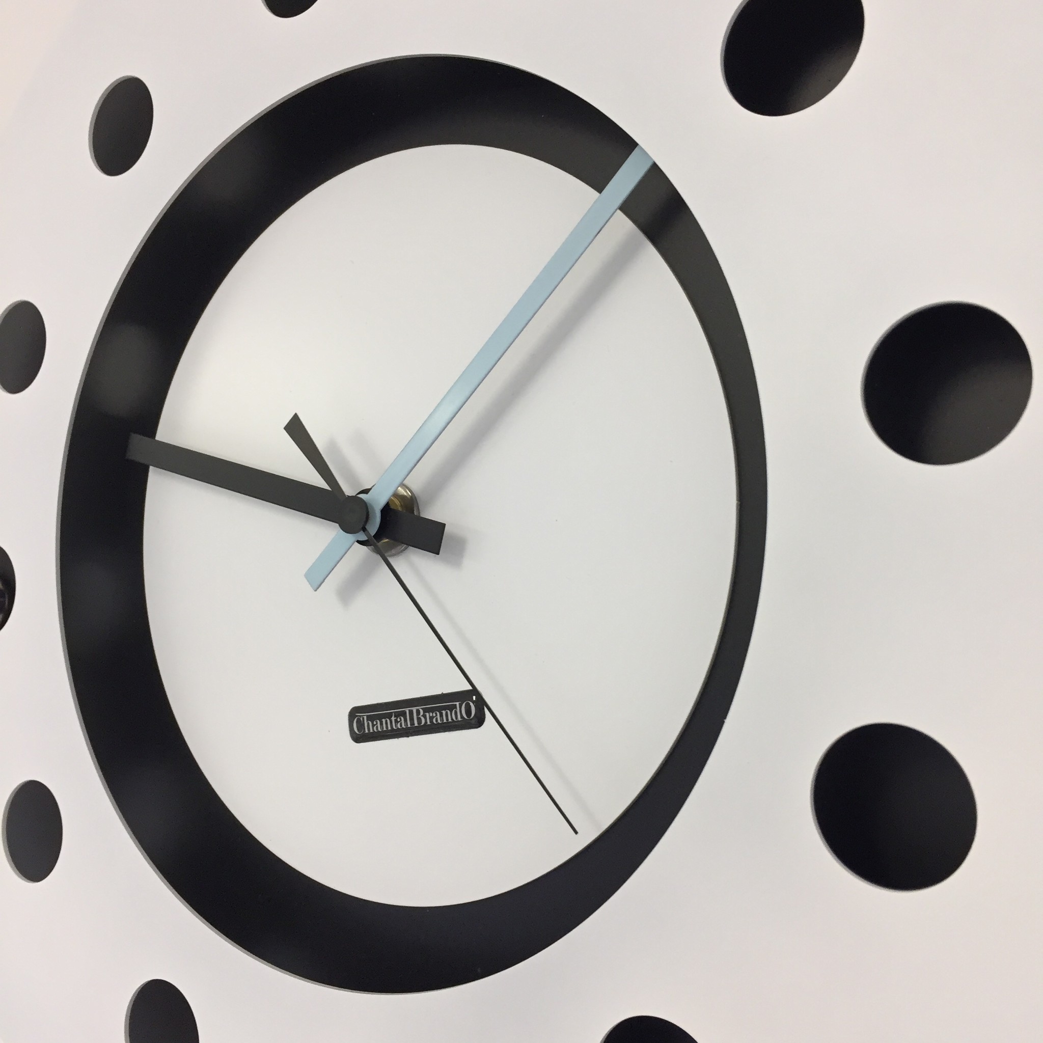 ChantalBrandO Design - Wall clock White Flens Mecanica Full Black With White Small Inside Circle Blue -Black Pointer Modern Dutch Design Handmade 40 Cm