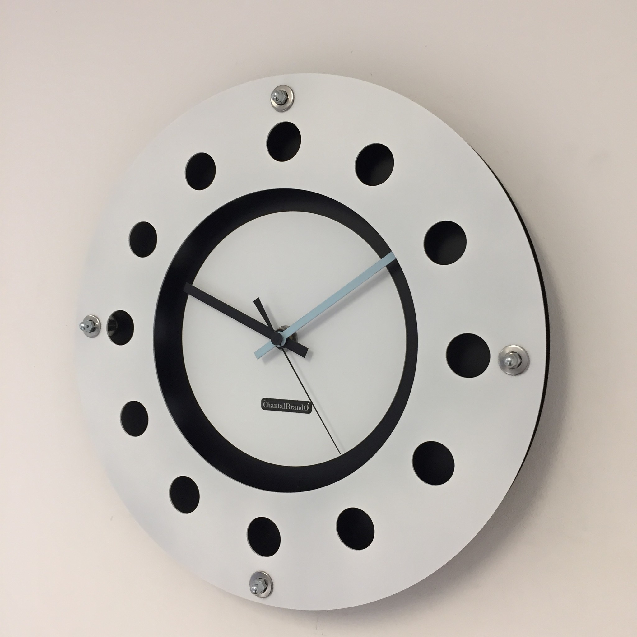 ChantalBrandO Design - Wall clock White Flens Mecanica Full Black With White Small Inside Circle Blue -Black Pointer Modern Dutch Design Handmade 40 Cm