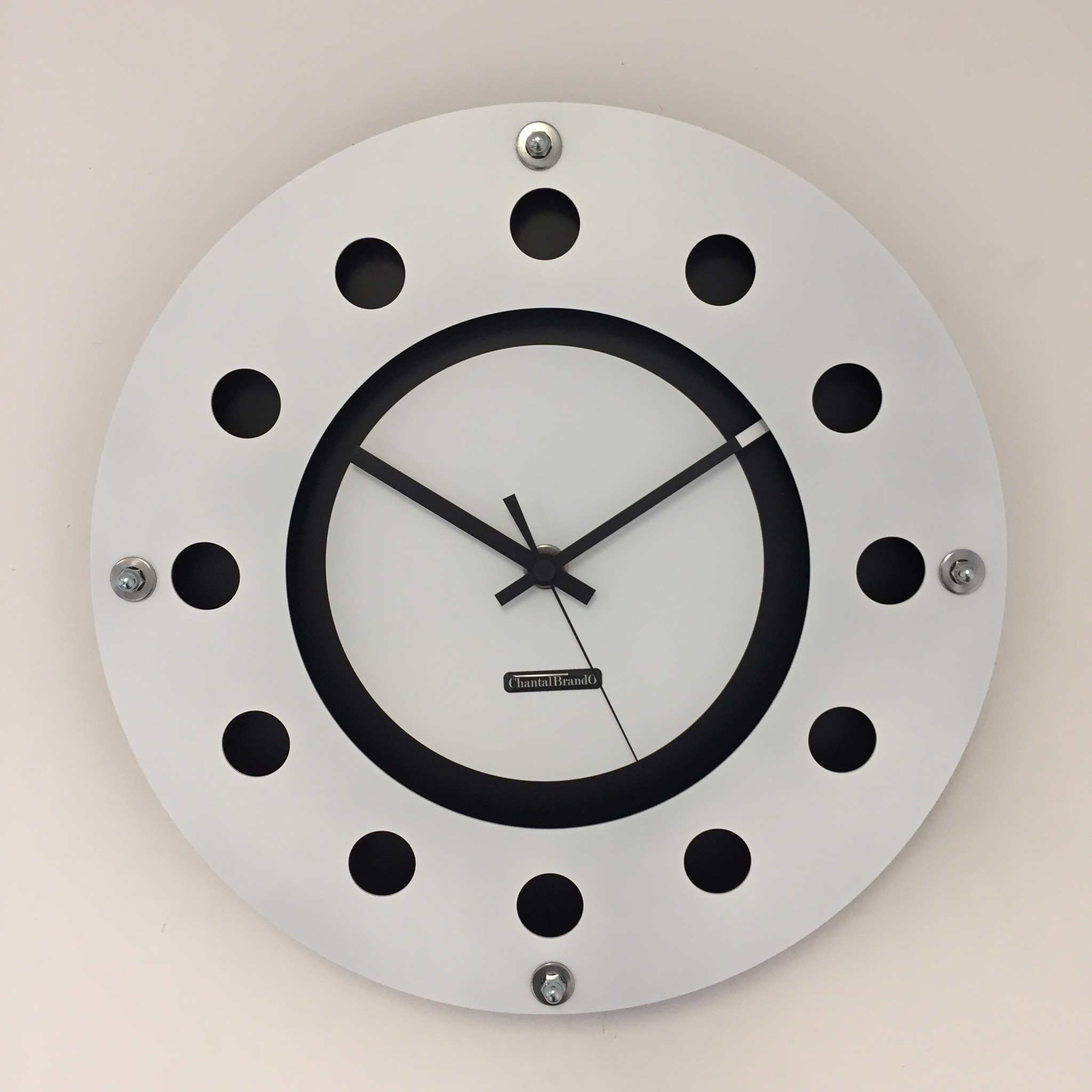 ChantalBrandO Design - Wall clock White Flens Mecanica Completely Black With White Small Inside Circle Black Pointer Modern Dutch Design Handmade 40 cm