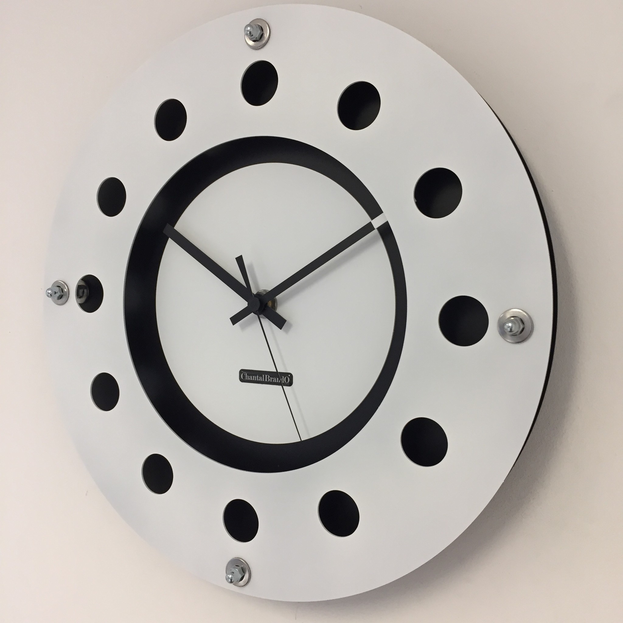 ChantalBrandO Design - Wall clock White Flens Mecanica Completely Black With White Small Inside Circle Black Pointer Modern Dutch Design Handmade 40 cm