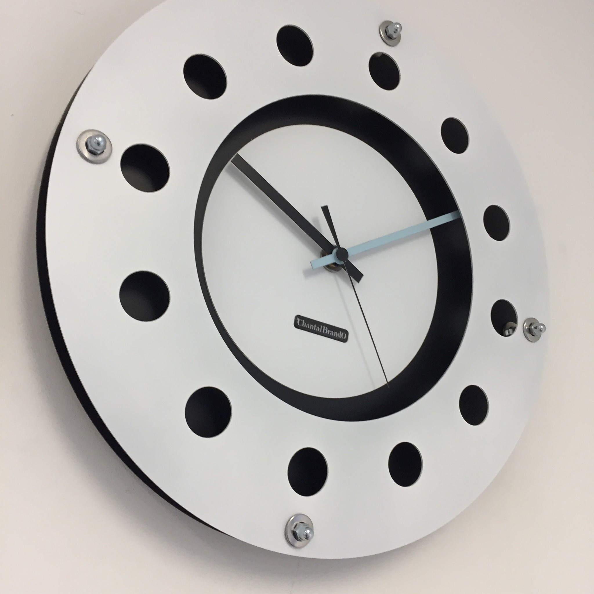 ChantalBrandO Design - Wall clock White Flens Mecanica Complete Black With White Small Inside Circle Black Blue Pointer Modern Dutch Design Handmade 40 cm