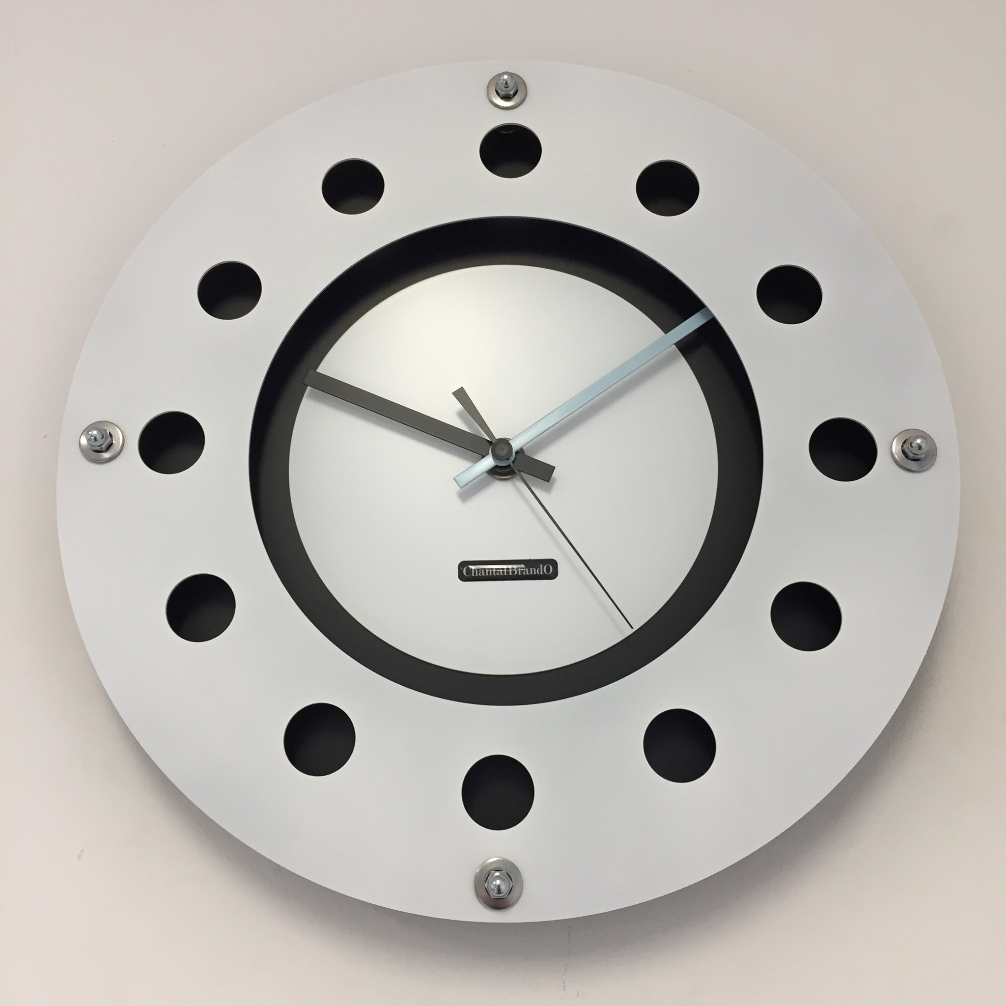 ChantalBrandO Design - Wall clock White Flens Mecanica Complete Black With White Small Inside Circle Black Blue Pointer Modern Dutch Design Handmade 40 cm