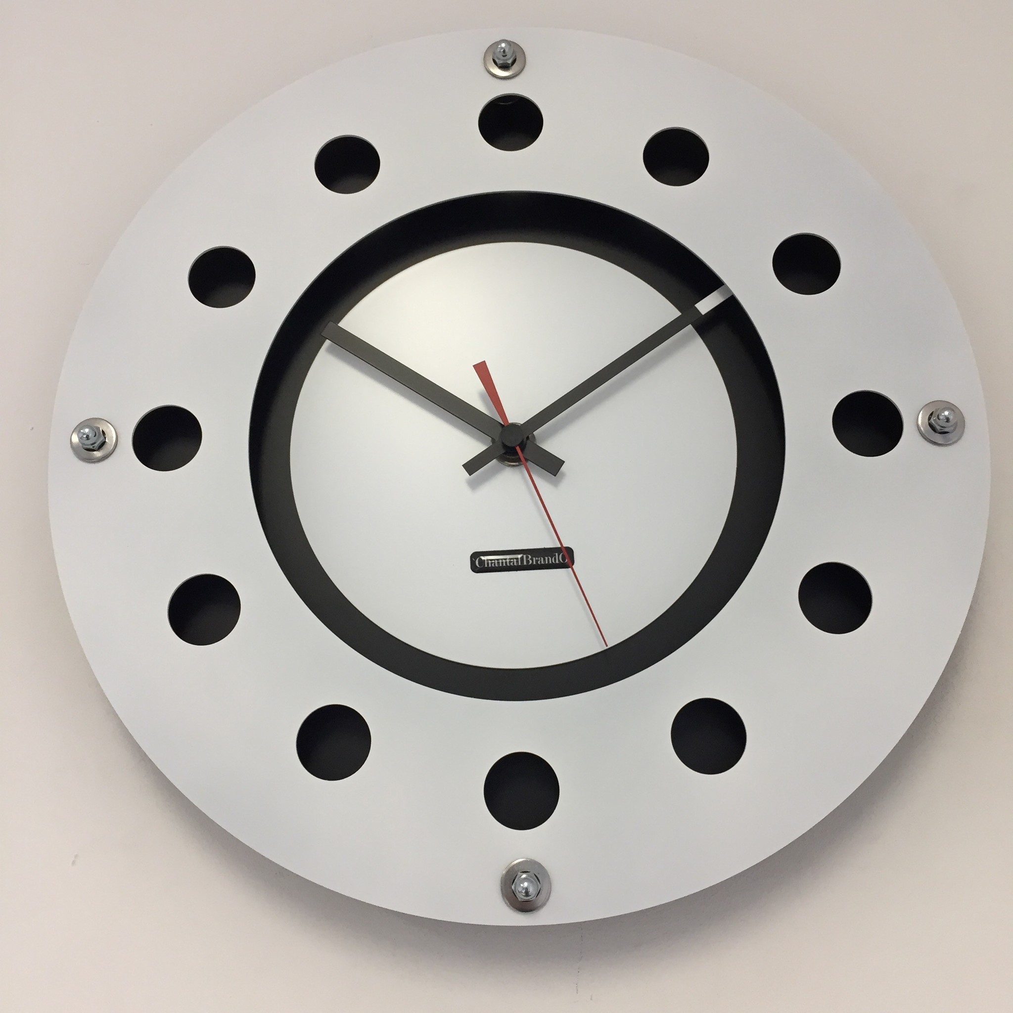 ChantalBrandO Design - Wall clock White Flens Mecanica Entire Black With White Small Inside Circle Red Red Pointer Modern Dutch Design Handmade 40 cm