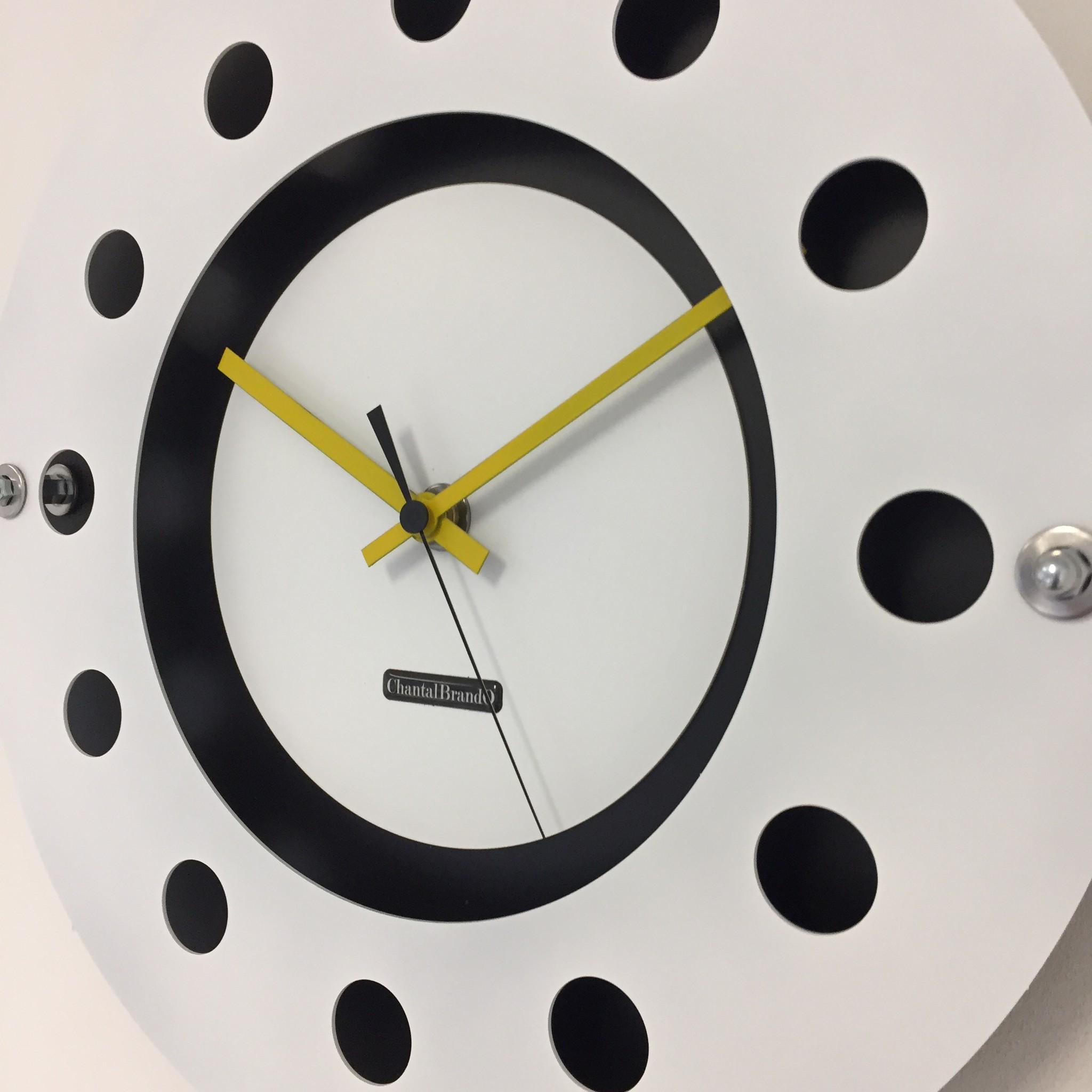 ChantalBrandO Design - Wall clock White Flens Mecanica Full Black With White Small Indoor Circle Black Yellow Black Pointer Modern Dutch Design Handmade 40 CM