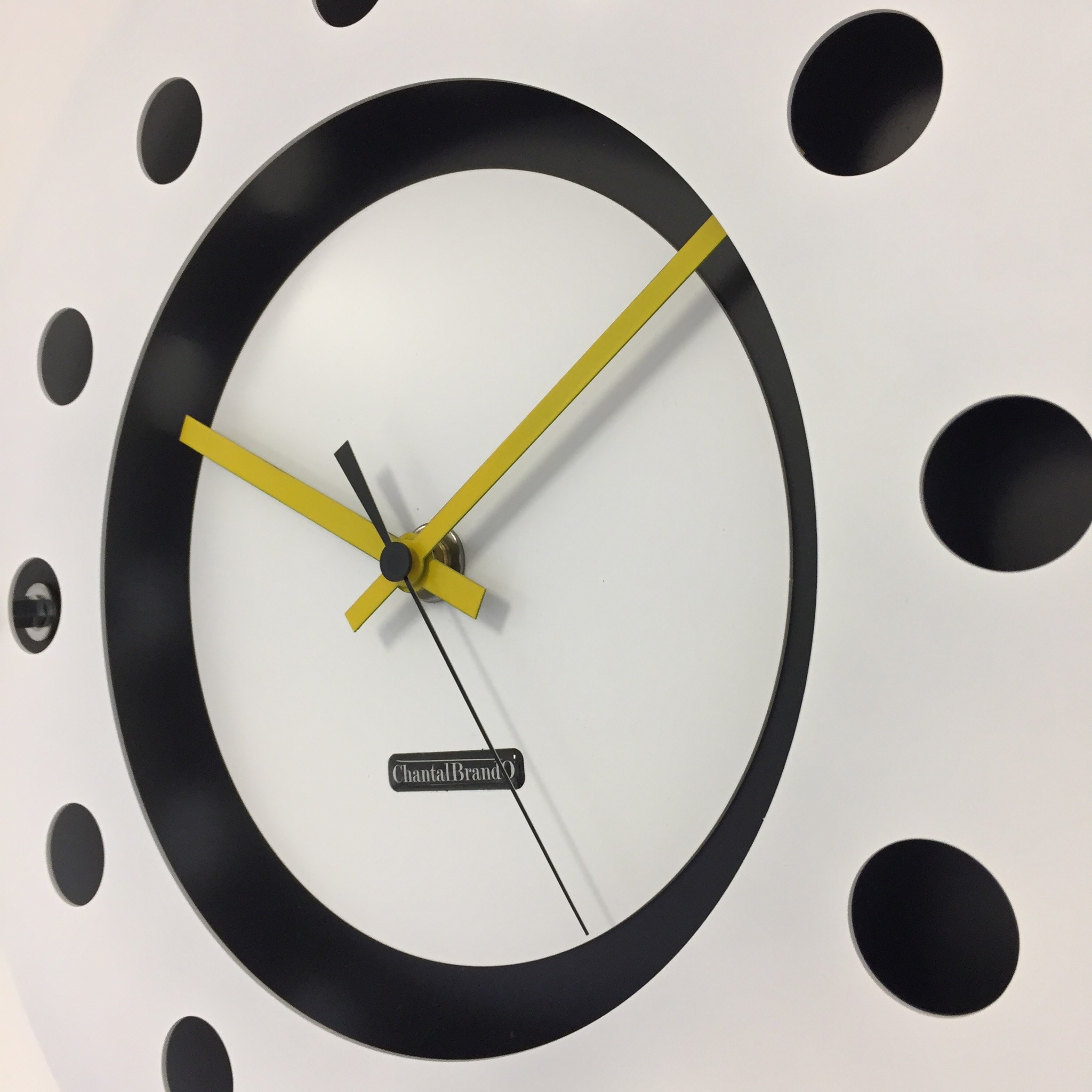 ChantalBrandO Design - Wall clock White Flens Mecanica Full Black With White Small Indoor Circle Black Yellow Black Pointer Modern Dutch Design Handmade 40 CM