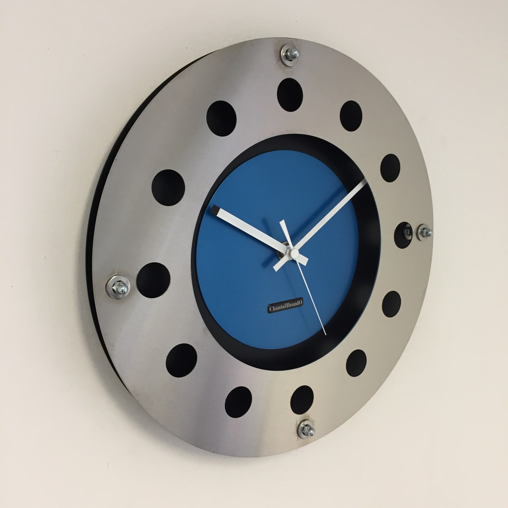 ChantalBrandO Design - Wall clock Mecanica Fully Black With Blue Color Small Inside Circle White Pointer Modern Dutch Design Handmade 40 cm