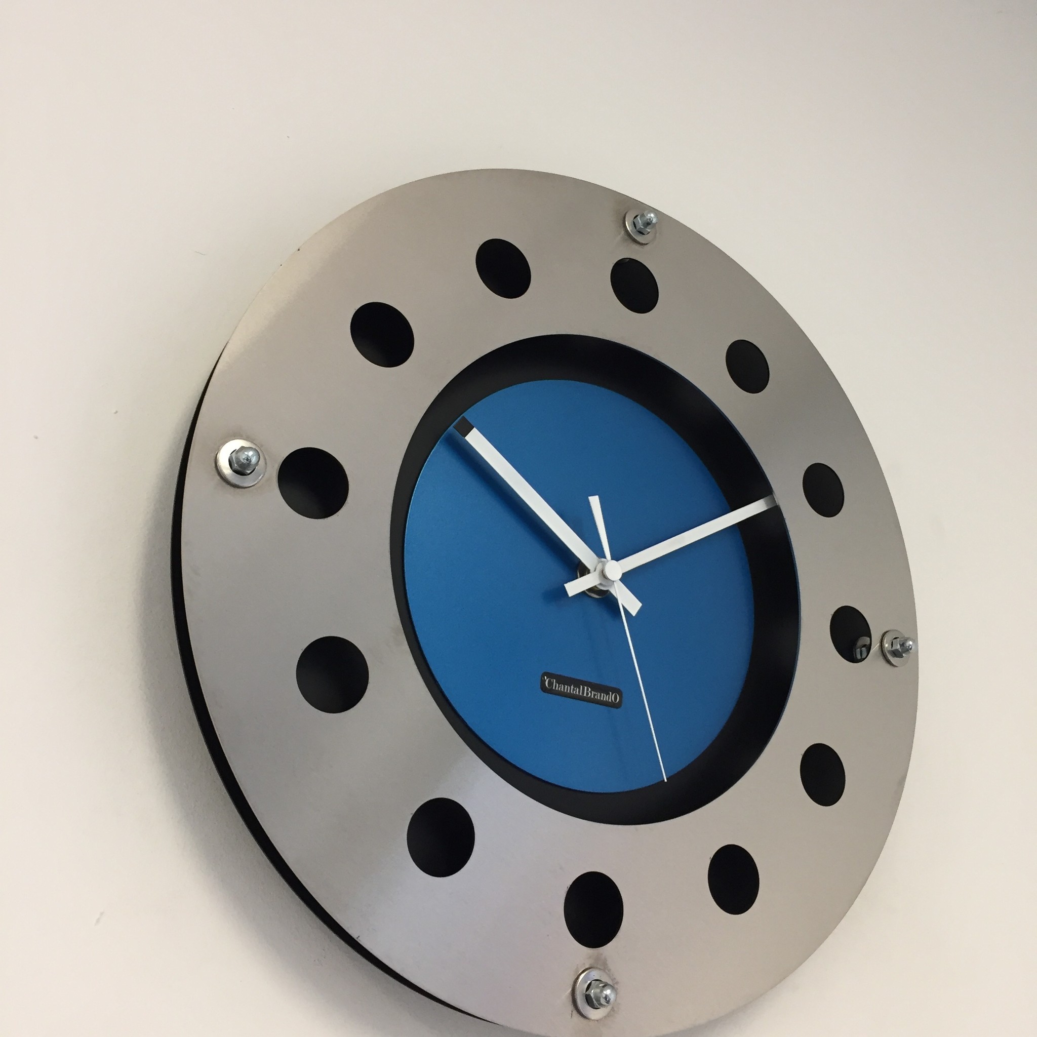 ChantalBrandO Design - Wall clock Mecanica Fully Black With Blue Color Small Inside Circle White Pointer Modern Dutch Design Handmade 40 cm