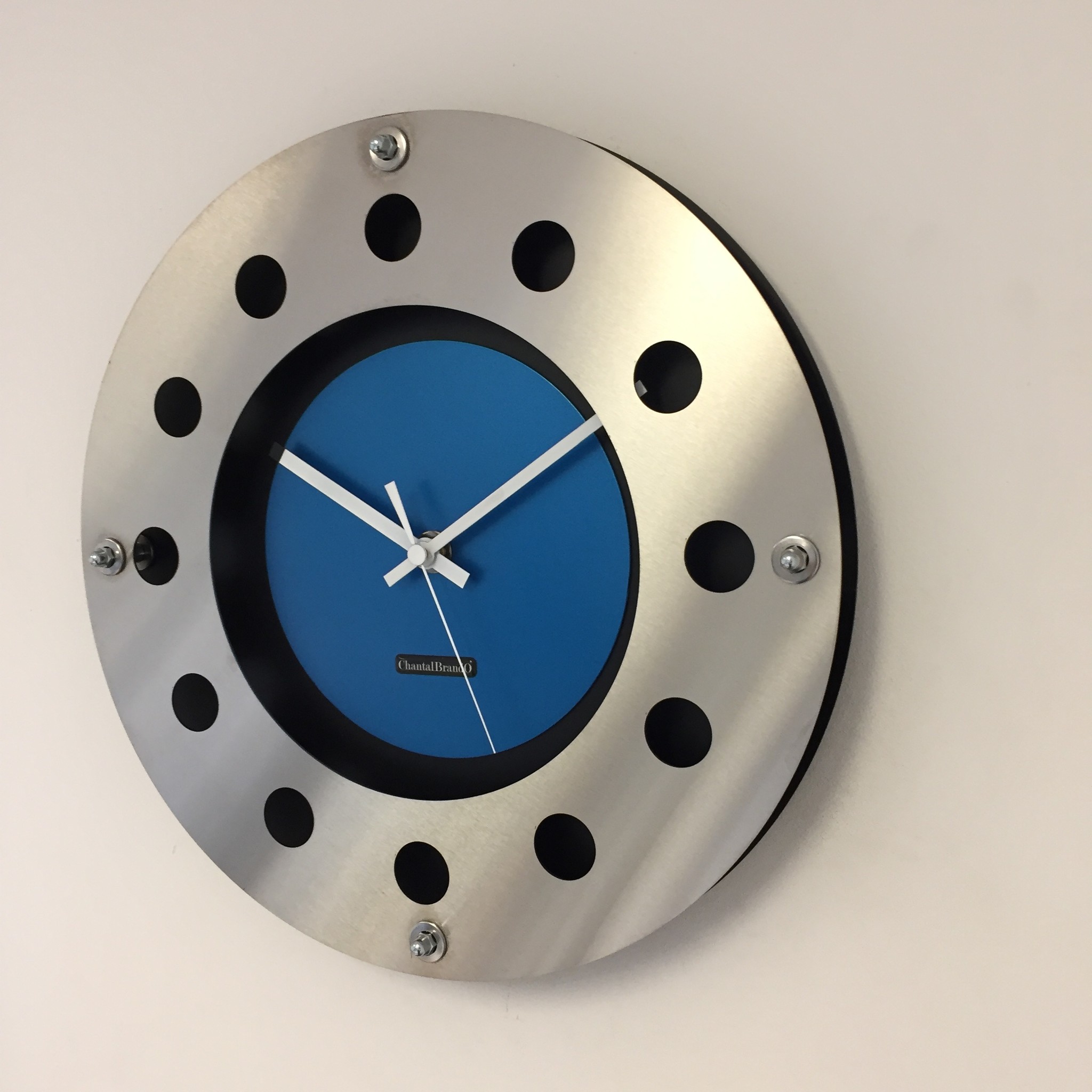 ChantalBrandO Design - Wall clock Mecanica Fully Black With Blue Color Small Inside Circle White Pointer Modern Dutch Design Handmade 40 cm