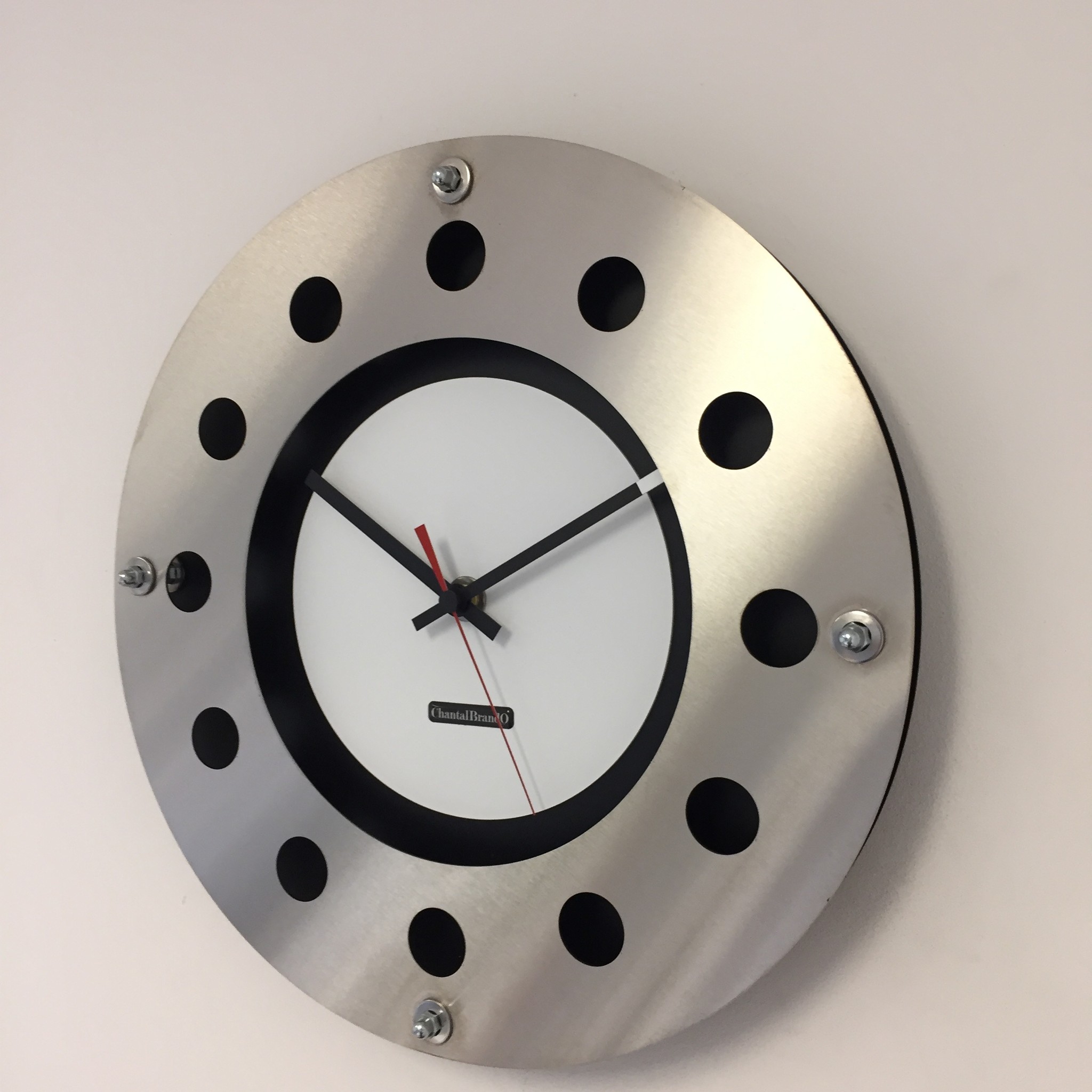 ChantalBrandO Design - wall clock mecanica full black with white color small inside circle black red pointer modern dutch design handmade 40 cm