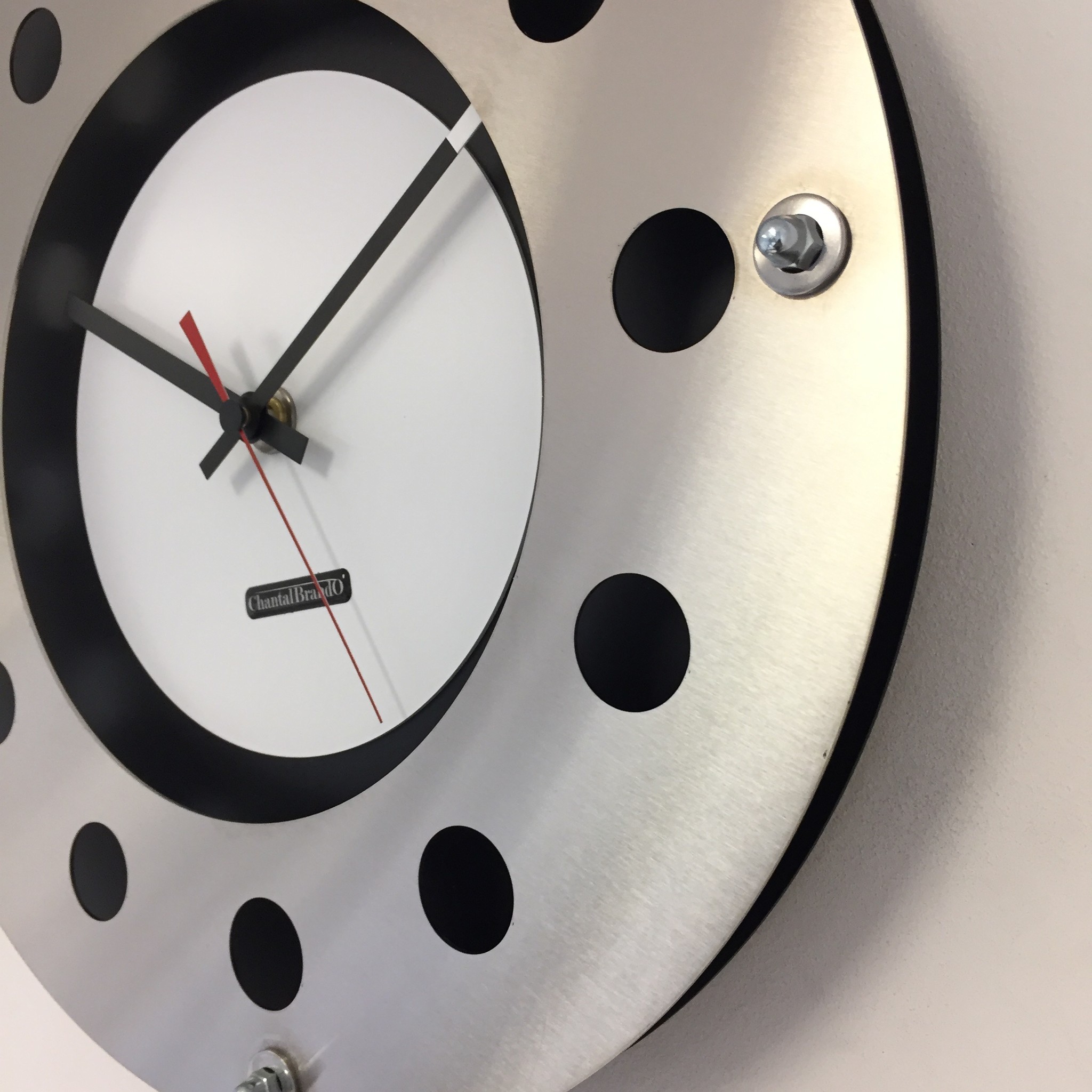 ChantalBrandO Design - wall clock mecanica full black with white color small inside circle black red pointer modern dutch design handmade 40 cm