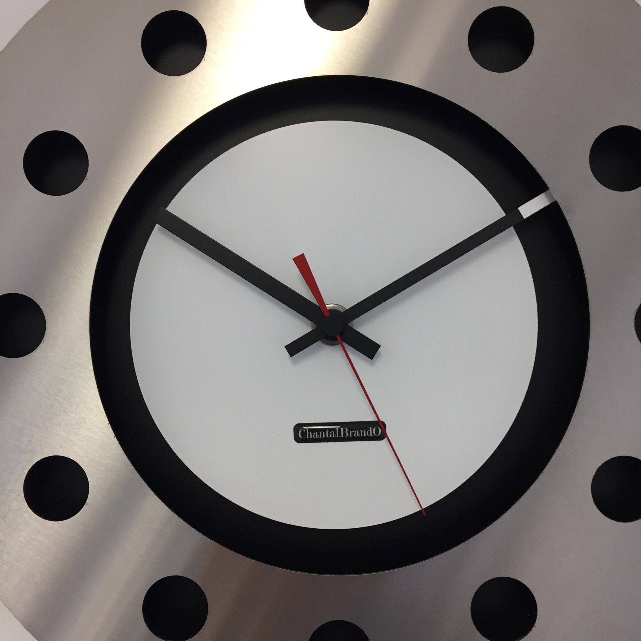 ChantalBrandO Design - wall clock mecanica full black with white color small inside circle black red pointer modern dutch design handmade 40 cm