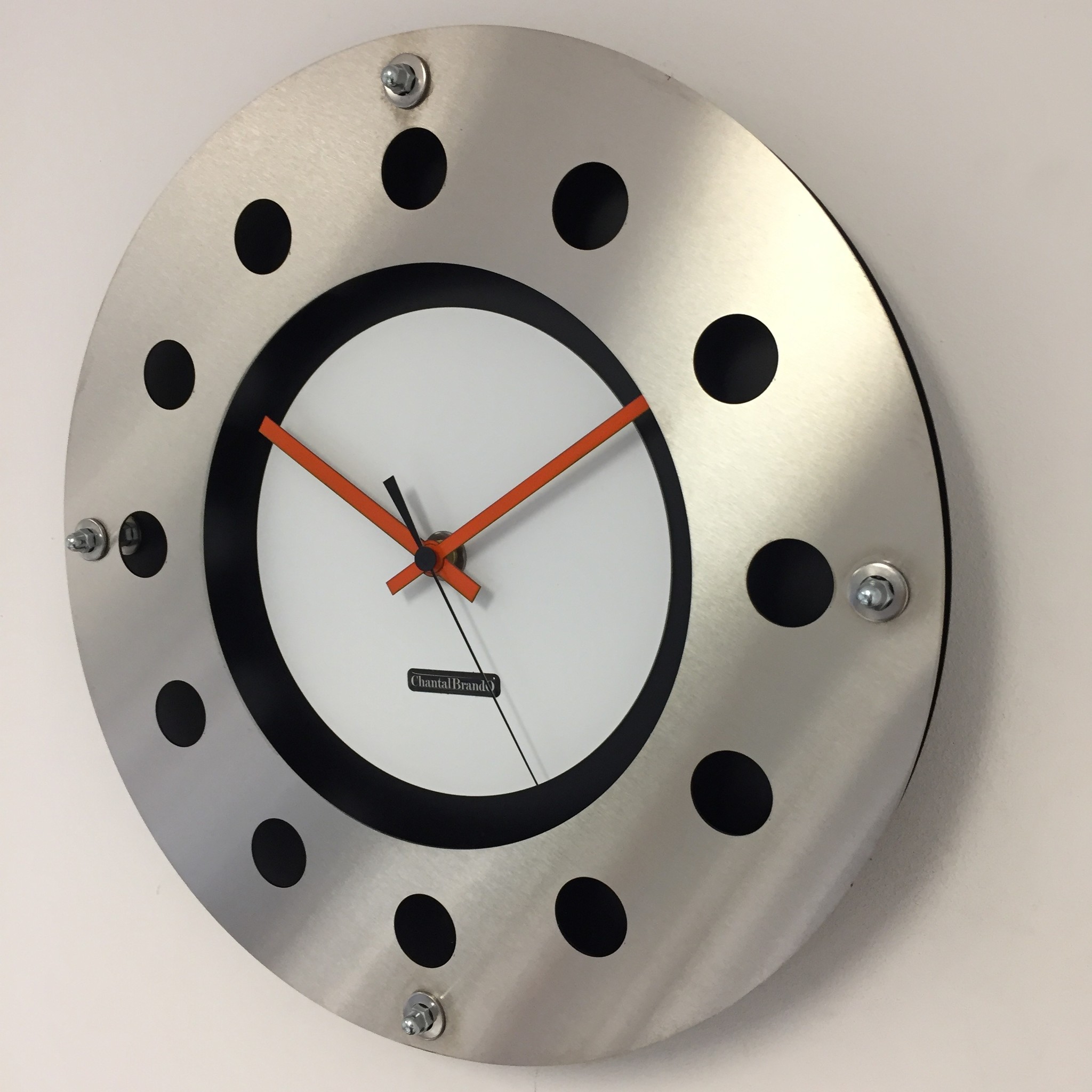 ChantalBrandO Design - wall clock mecanica full black with white color small indoor circle orange black pointer modern Dutch design handmade 40 cm